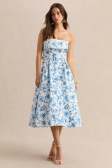 Devina | Blue Porcelain Print Square-Neck Belted Midi-Dress