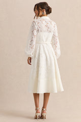 Jules | Cream Broderie High-Neck Tailored Midi Dress With Puff-Sleeves