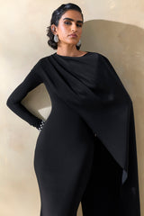 Salenne | Black Wide-Neck Maxi Dress With Satin Asymmetric-Cape