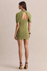Perdi | Olive Bodycon Mini Dress With Twisted Cape