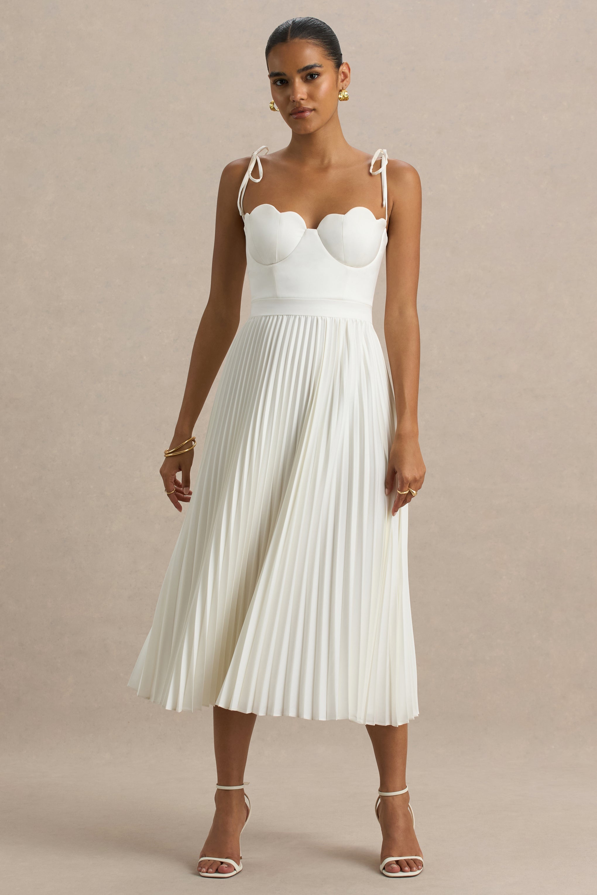 Agua | Cream Satin Sweetheart Midi Dress With Pleated Skirt