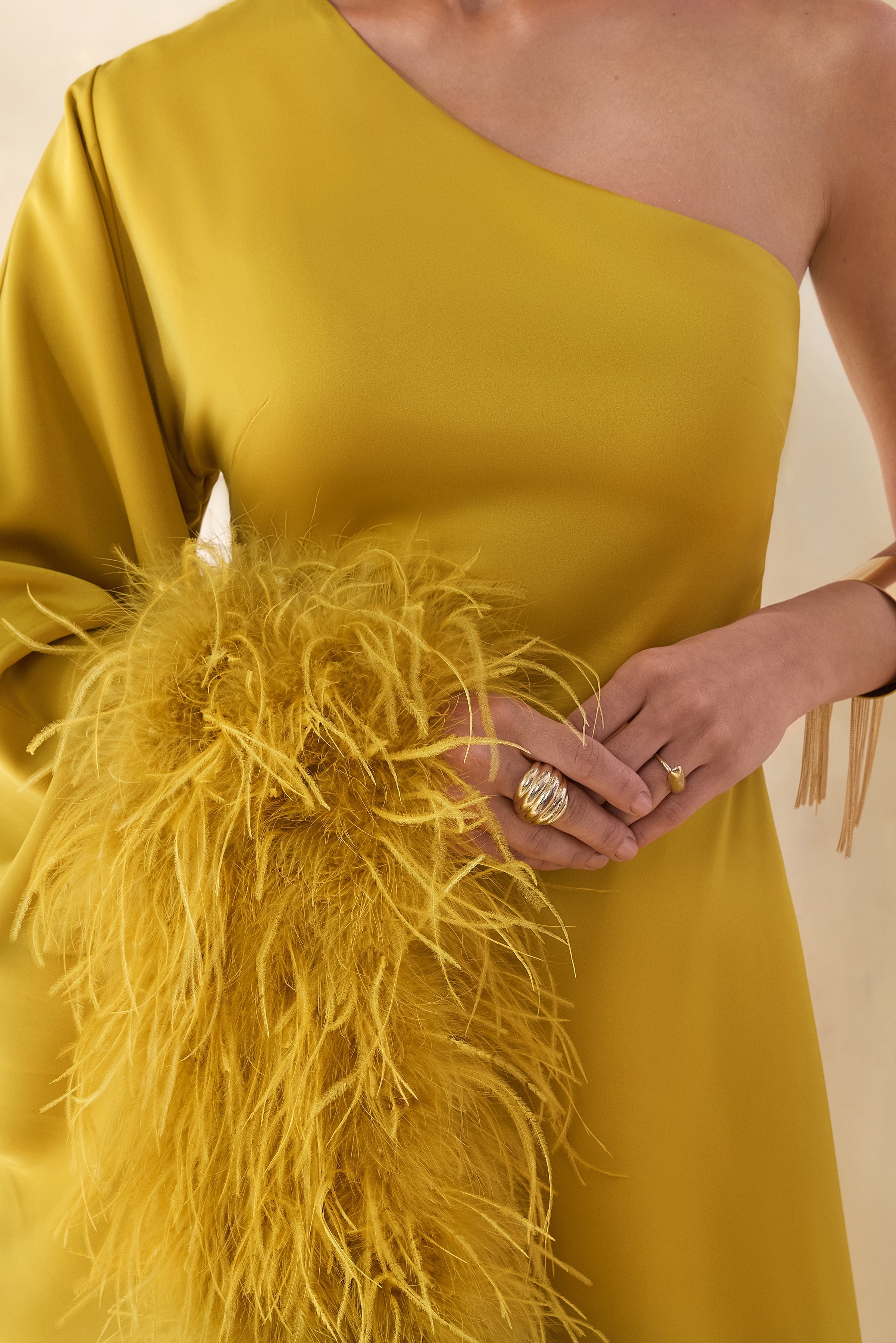 Destiny | Yellow Satin Asymmetric-Neck Midi Dress With Feather Details