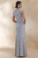 Aurah | Silver Sequin Crew-Neck Maxi Dress With Cap Sleeves