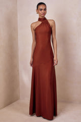 Cara | Rust Matte Satin High-Neck Maxi Dress