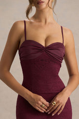 Juana | Burgundy Lace And Satin Sweetheart-Neck Satin Maxi Dress