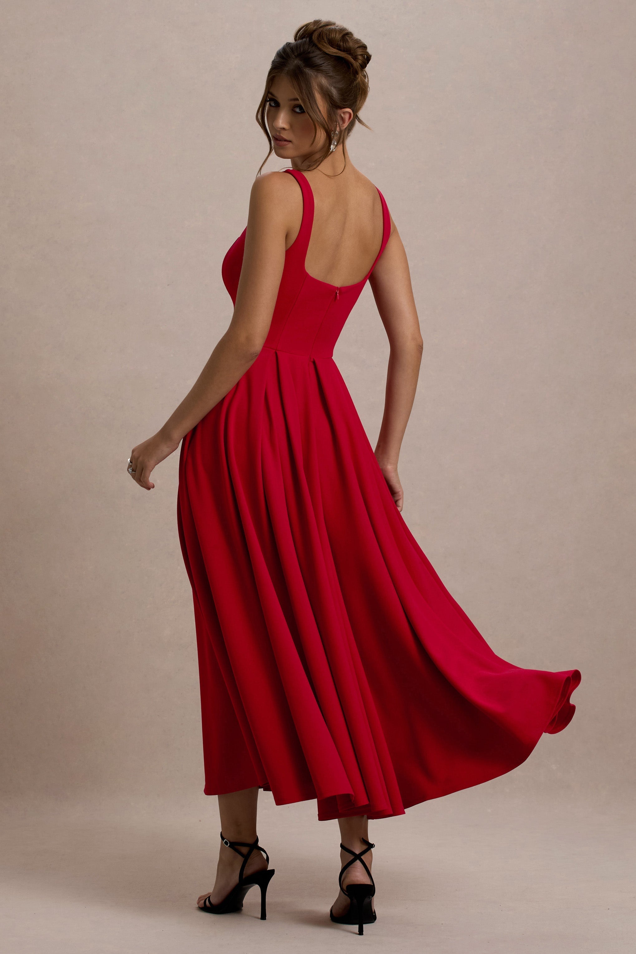 Parina | Red Strappy Volume-Hem Midi Dress